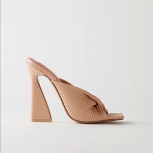 Oh Polly Ribbed Leatherette Mule Heels in Nude
